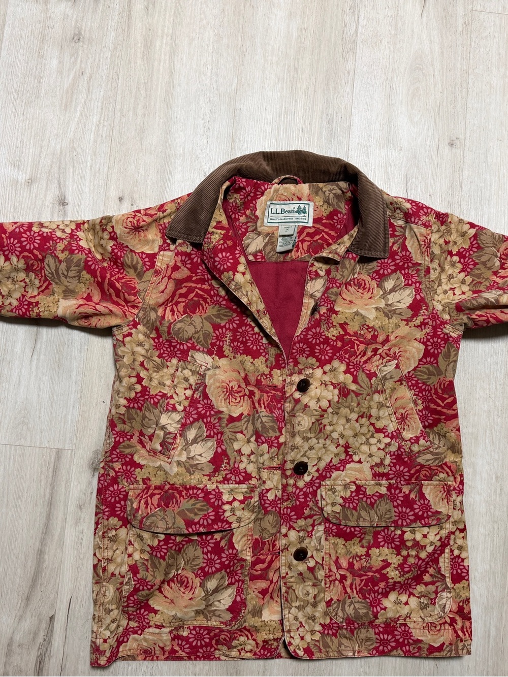 L.L. Bean Floral Vintage Barn Jacket/Shacket in Rose Red & Tan